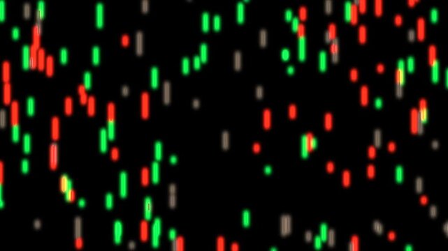 Multi colored pixelated light particles falling down animation on black background