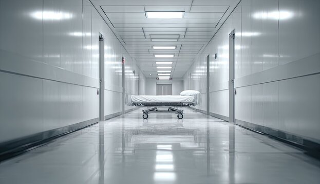 Empty, illuminated hospital corridor with a single gurney at the center