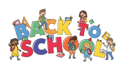 Fototapeta premium Back to School Celebration: Children of diverse backgrounds joyfully embrace the start of a new school year.