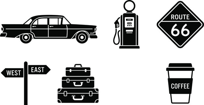 Road trip icon set with vintage car gas pump route 66 sign and luggage black vector glyph elements for travel maps