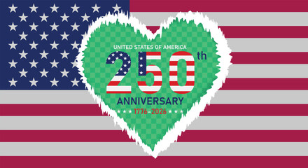 Fototapeta premium American flag with 250th anniversary in heart shape torn paper concept 