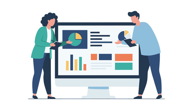 Analyzing data on a large computer screen with analysis computer business professionals strategy