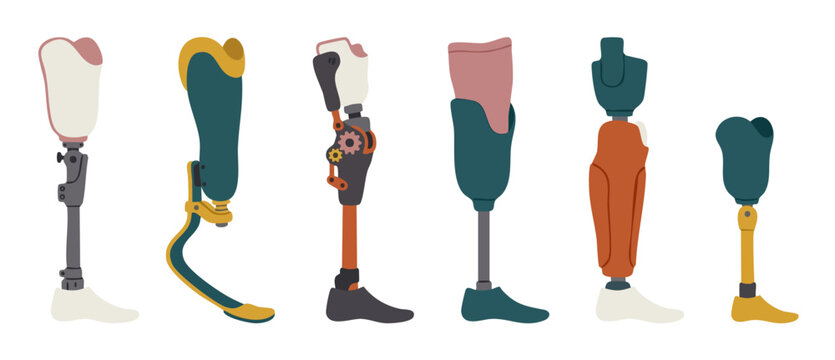 Prosthetic legs set medical equipment collection for limb amputee rehabilitation. Modern artificial limbs, mechanical and bionic designs for mobility aid, isolated flat vector illustration on white ba