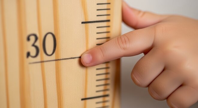 Child measuring height on wooden wall chart with fingers pointing at thirty centimeters mark. Measuring height on wall chart reflects growth milestones for children.