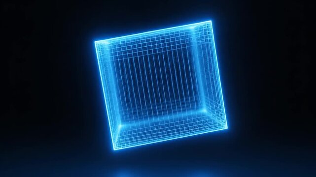 Blue glowing wireframe cube symbolizing dynamic movement and artistic expression