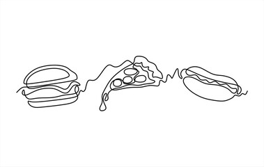 Simple line of a hot dog burger and pizza slice on a cream background hamburger © nikvector