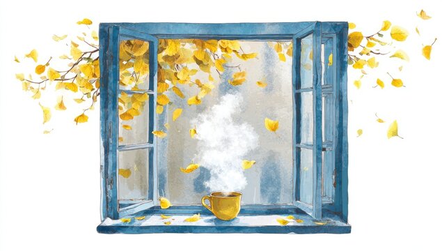 Autumn leaves frame a steaming mug of yellow tea viewed through an open blue window