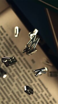 Metal English letters fall on the open book. Top view. Filmed is slow motion 1000 frames per second. High quality FullHD footage