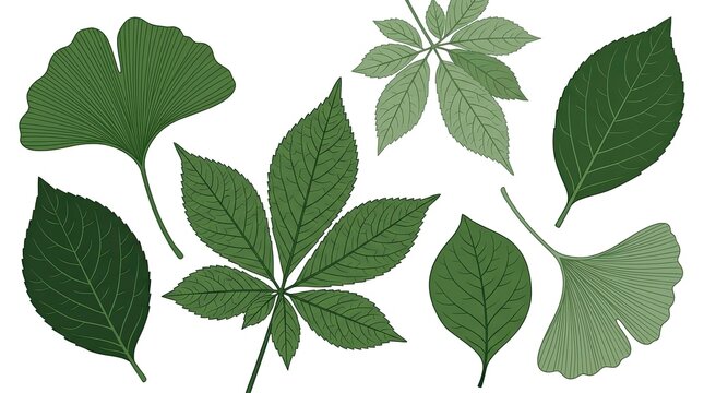 Detailed Botanical Chinese Herb Leaves Vector Collection Isolated on White Background