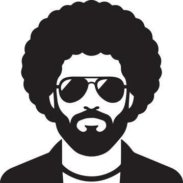 Afro man silhouette icon, male head with large natural hair, bearded man wearing aviator sunglasses, flat vector illustration, retro 70s funk style, minimalist black and white portrait, urban cool cha