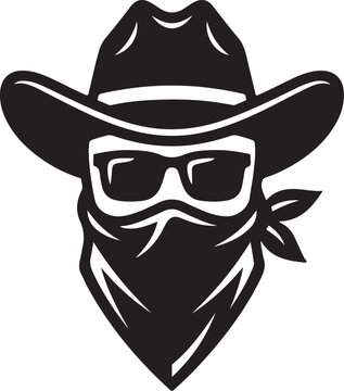 Cowboy outlaw vector illustration, bandit head wearing hat and bandana mask, wild west silhouette, rebel biker mascot, vintage western apparel design, bandit icon, black and white cowboy logo, isolate