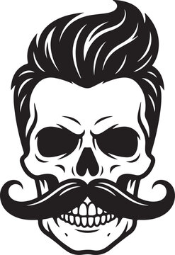Hipster skull with pompadour hair and handlebar mustache vector, Barbershop logo design, vintage gentleman skeleton head, masculine hair salon emblem, black and white flat illustration, retro fashion 