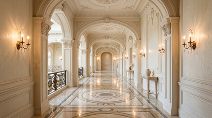 Obraz premium Luxurious classical hallway interior with polished marble floors, arched doorways, and ornate ceiling details.