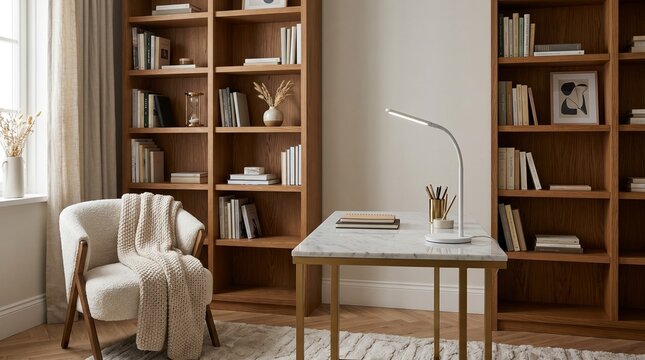 Minimalist home office with large wooden bookcases, a modern marble desk, and a cozy armchair. Contemporary study room interior.