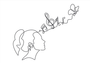 Obraz premium Woman listening to music with notes and butterfly one line drawing