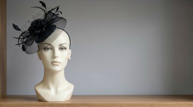 Elegant black fascinator headpiece on a mannequin head against a grey background.
