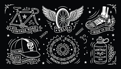 Vintage bicycle badges and retro cycling illustrations on black background for lifestyle apparel © 777SKYLABS
