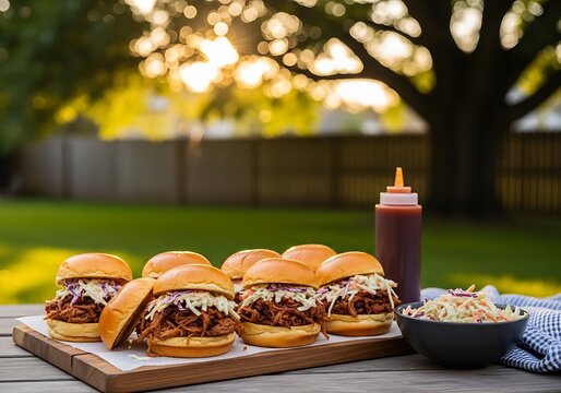 Pulled Pork Sliders with Coleslaw Arranged on Outdoor Backyard Table