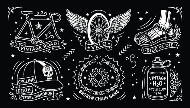 Vintage bicycle badges and retro cycling illustrations on black background for lifestyle apparel