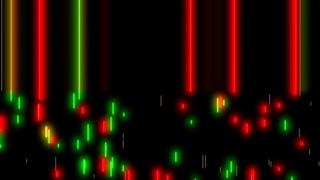 Multi colored pixelated light particles falling down animation on black background