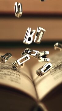 English letters fall on an open book. On a black background. Filmed is slow motion 1000 frames per second. High quality FullHD footage