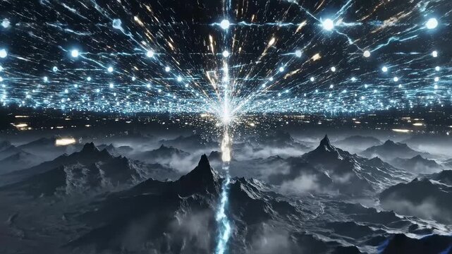 Cosmic mountain landscape with glowing network perfect for wellness retreats and nature documentaries