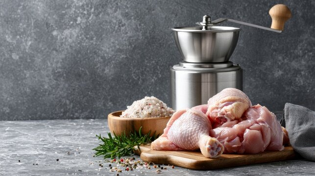 Meat grinder with chicken on a grey marble table inside.