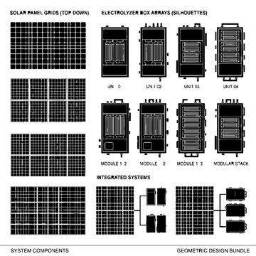 Geometric Design Bundle of Solar Panel Grids and Electrolyzer Box Arrays.