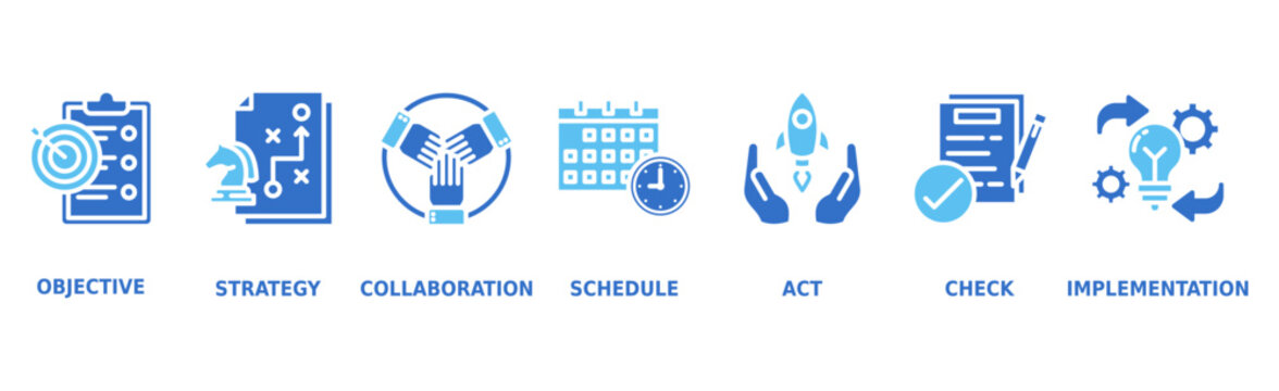 Action plan banner web icon vector illustration concept with icon of objective, strategy, collaboration, schedule, act, launch, check, and implementation