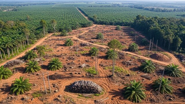 Aerial view showcasing deforestation and monoculture palm oil plantation expansion impact