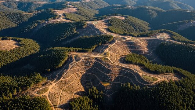 Aerial vista of forestry management revealing hillside contours and forest clearings