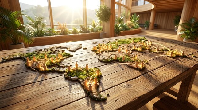 World map made of green plants and glowing lights on a rustic wooden table in a sunlit room.