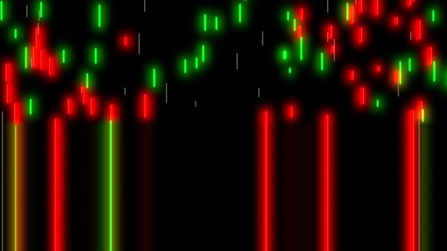 Multi colored pixelated light particles falling down animation on black background