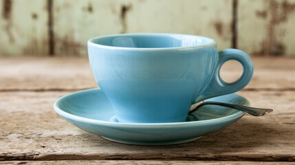 Fototapeta premium Blue cup and saucer sit on wood.