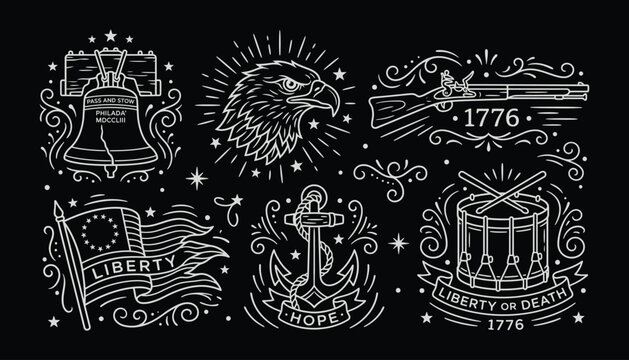 Vintage American independence symbols line art set featuring Liberty Bell and bald eagle icons