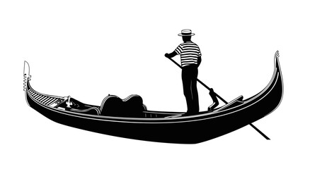 Black and White Vector Illustration of a Gondola with a Gondolier Navigating Through Venice, Italy © PDWN Creative