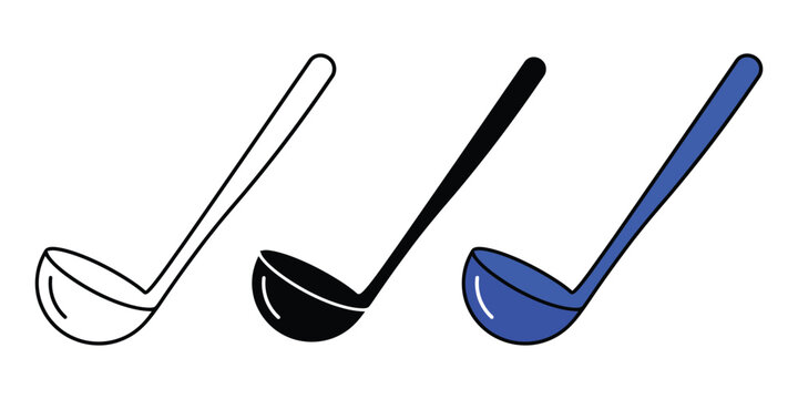 Three spoons, white, black, and blue, on white background