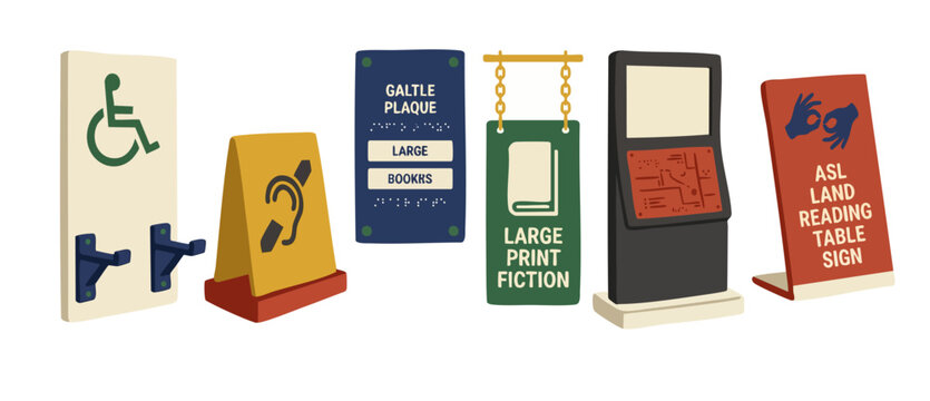 Accessibility Signage Collection for Inclusive Public Spaces, ADA Compliant Braille Plaques, Hearing Aid and Wheelchair Symbols, ASL and Large Print Wayfinding Information Displays for Library and Bui