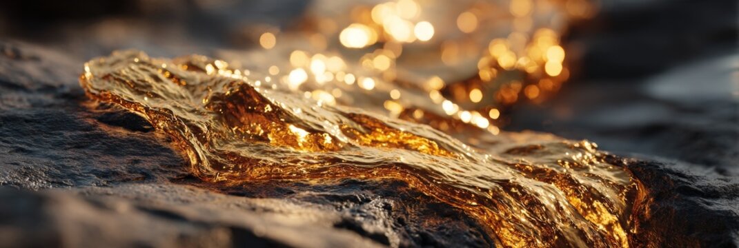 Golden water cascades over textured dark rocks, creating a serene and beautiful scene.