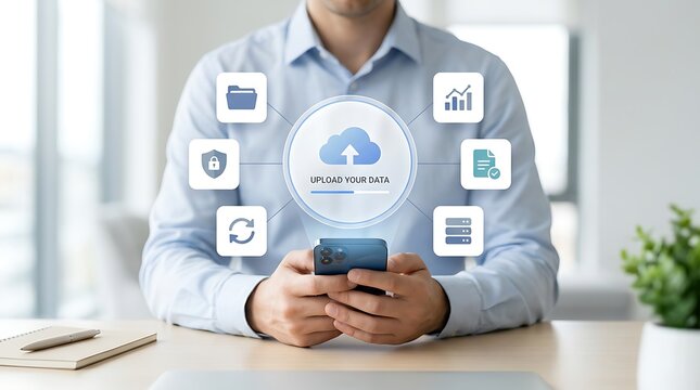 Man holding smartphone with cloud upload interface and data management icons, representing digital storage and connectivity
