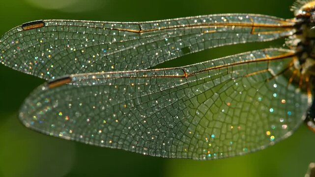 Macro close up of a dragonfly wing with morning dew drops.