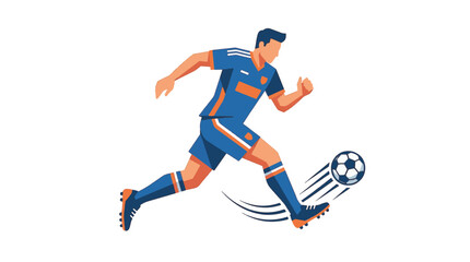 Obraz premium Flat vector illustration of a professional male soccer player in action, kicking a football on a white background, isolated minimalist sports graphic design element for web and print.
