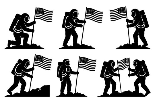 Silhouette of astronauts planting american flag in various poses.