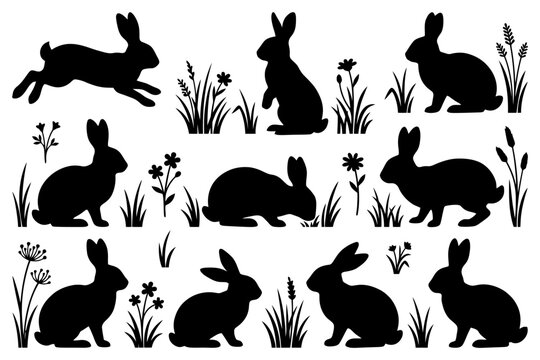 Silhouette rabbits and wildflowers in various poses.