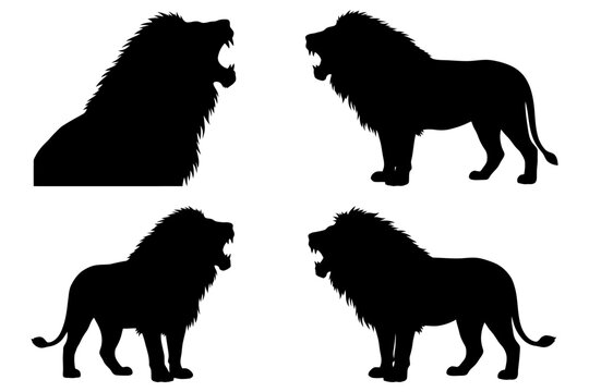 Silhouette of regal lion in various stances on white background.