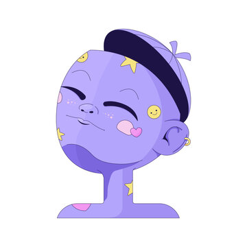 Surreal kawaii purple personage with open head 2D cartoon character. Whimsical portrait with stickers. Youth culture. Kidcore aesthetic flat vector person isolated on white. Spot illustration colorful