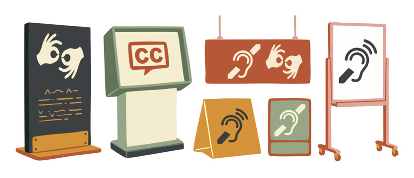 Accessibility Signage Collection for Hearing Impaired and Deaf People Featuring Sign Language Icons, Closed Caption Symbols and Assistive Hearing Loop Displays for Public Spaces and Communication Faci