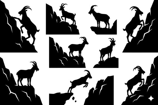 Silhouettes of mountain goats on rocky cliffs in various poses.