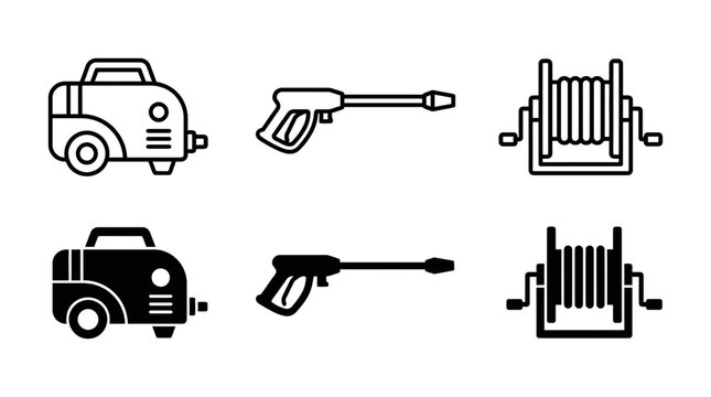 Pressure washing system icons showing cleaner unit high pressure spray gun hose spool pressure