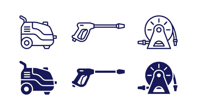 Set of pressure washer equipment icons with cleaning machine spray gun hose reel pressure cleaning domestic